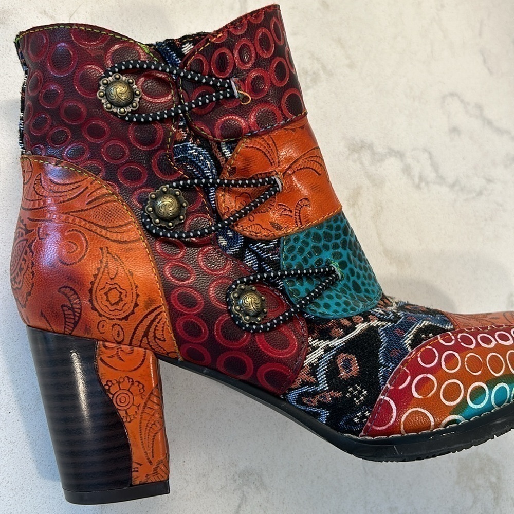 Johnature Leather Mixed Colors Boots Shoes Zip Round Toe Sewing High Heel Ankle - Picture 13 of 16